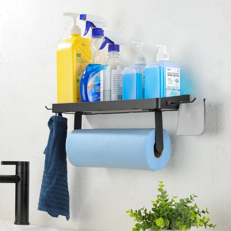 ZUNTO Garage Paper Towel Holder with Shelf  Black Stainless Steel Paper Towel Rack with Hooks  Wall Mount Paper Towel Holder for Kitchen  Garage Organization and Storage - Image 4